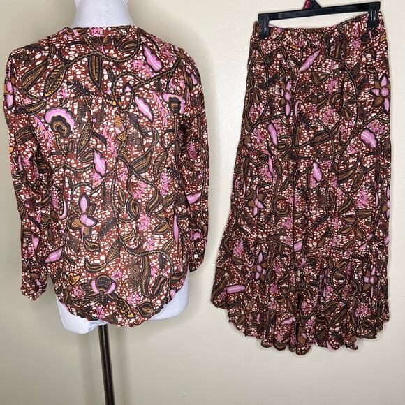 Xirena 2 Piece Set Aimi Top & Iris Skirt Earth Tone Brown Pink Bohemian Peasant - Picture 3 of 14